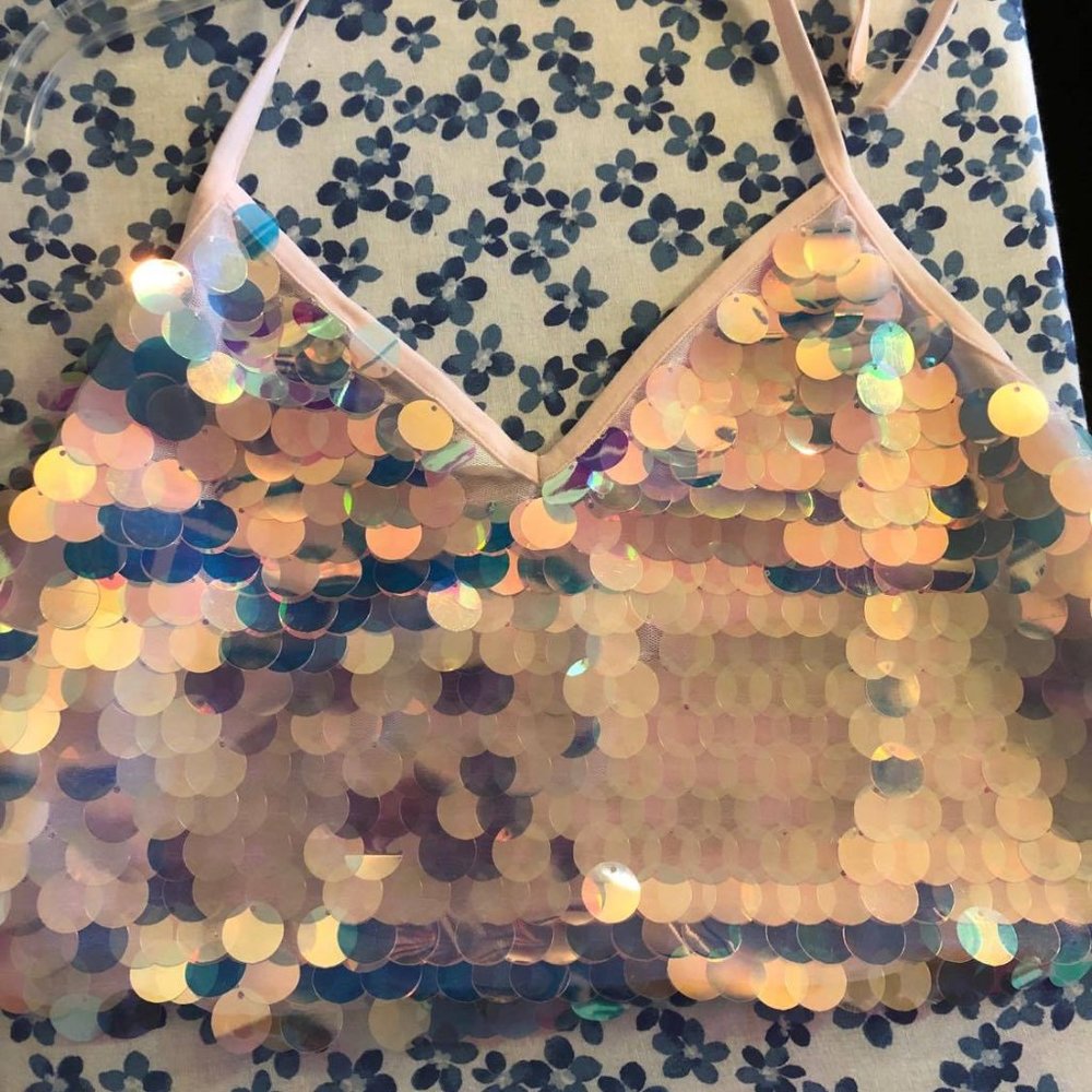 iHeartRaves Shiny Sequins Halter Tie Crop Top